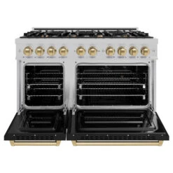 ZLINE Autograph Edition 48 In. 6.7 Cu. Ft. Classic Double Oven Gas Range With 8 Burner Cooktop In Satin Stainless Steel With Black Matte Doors And Champagne Bronze Accents (CGRSZ-BLM-48-CB)(Zline Autograph Edition 48 Classic Gas Range Satin Stainless Steel Black Matte Champagne Bronze Cgrsz Blm 48 Cb) -Induction Cooktop Store zline classic satin stainless steel gas range autograph edition champagne bronze CGRSZ BLM 48 CB front open