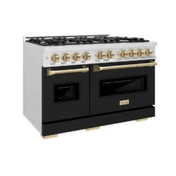 ZLINE Autograph Edition 48 In. 6.7 Cu. Ft. Classic Double Oven Gas Range With 8 Burner Cooktop In Satin Stainless Steel With Black Matte Doors And Champagne Bronze Accents (CGRSZ-BLM-48-CB)(Zline Autograph Edition 48 Classic Gas Range Satin Stainless Steel Black Matte Champagne Bronze Cgrsz Blm 48 Cb)