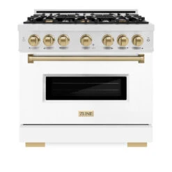 ZLINE Autograph Edition 36 In. 5.2 Cu. Ft. Classic Gas Range With 6 Burner Cooktop And Convection Gas Oven In Satin Stainless Steel With White Matte Door And Champagne Bronze Accents (CGRSZ-WM-36-CB)(Zline Autograph Edition 36 Classic Gas Range Satin Stainless Steel White Matte Champagne Bronze Cgrsz Wm 36 Cb) -Induction Cooktop Store zline classic satin stainless steel gas range autograph edition champagne bronze CGRSZ WM 36 CB front
