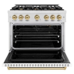 ZLINE Autograph Edition 36 In. 5.2 Cu. Ft. Classic Gas Range With 6 Burner Cooktop And Convection Gas Oven In Satin Stainless Steel With White Matte Door And Champagne Bronze Accents (CGRSZ-WM-36-CB)(Zline Autograph Edition 36 Classic Gas Range Satin Stainless Steel White Matte Champagne Bronze Cgrsz Wm 36 Cb) -Induction Cooktop Store zline classic satin stainless steel gas range autograph edition champagne bronze CGRSZ WM 36 CB front open