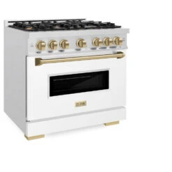 ZLINE Autograph Edition 36 In. 5.2 Cu. Ft. Classic Gas Range With 6 Burner Cooktop And Convection Gas Oven In Satin Stainless Steel With White Matte Door And Champagne Bronze Accents (CGRSZ-WM-36-CB)(Zline Autograph Edition 36 Classic Gas Range Satin Stainless Steel White Matte Champagne Bronze Cgrsz Wm 36 Cb) -Induction Cooktop Store zline classic satin stainless steel gas range autograph edition champagne bronze CGRSZ WM 36 CB main
