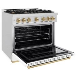 ZLINE Autograph Edition 36 In. 5.2 Cu. Ft. Classic Gas Range With 6 Burner Cooktop And Convection Gas Oven In Satin Stainless Steel With White Matte Door And Champagne Bronze Accents (CGRSZ-WM-36-CB)(Zline Autograph Edition 36 Classic Gas Range Satin Stainless Steel White Matte Champagne Bronze Cgrsz Wm 36 Cb) -Induction Cooktop Store zline classic satin stainless steel gas range autograph edition champagne bronze CGRSZ WM 36 CB main open