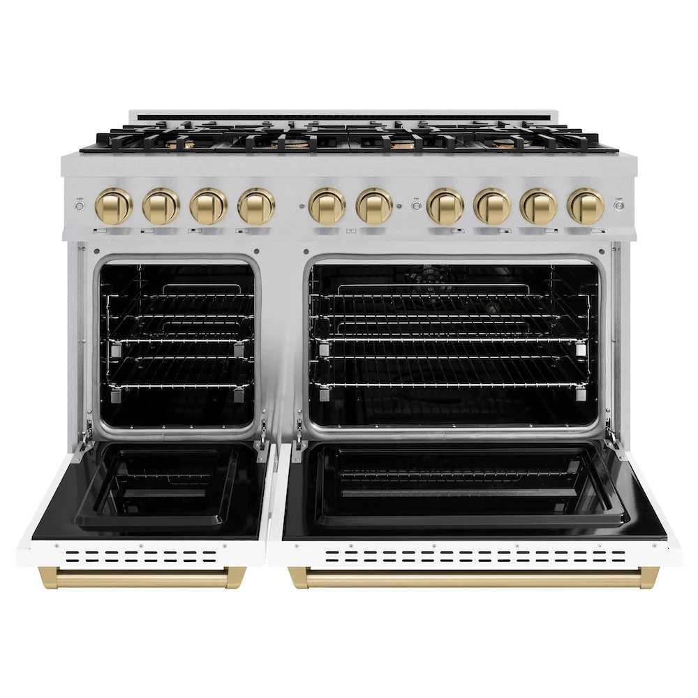 ZLINE Autograph Edition 48 In. 6.7 Cu. Ft. Classic Double Oven Gas Range With 8 Burner Cooktop In Satin Stainless Steel With White Matte Doors And Champagne Bronze Accents (CGRSZ-WM-48-CB)(Zline Autograph Edition 48 Classic Gas Range Satin Stainless Steel White Matte Champagne Bronze Cgrsz Wm 48 Cb) 3 ZLINE Autograph Edition 48 In. 6.7 Cu. Ft. Classic Double Oven Gas Range With 8 Burner Cooktop In Satin Stainless Steel With White Matte Doors And Champagne Bronze Accents (CGRSZ-WM-48-CB)(Zline Autograph Edition 48 Classic Gas Range Satin Stainless Steel White Matte Champagne Bronze Cgrsz Wm 48 Cb) - Image 3