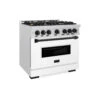 ZLINE Autograph Edition 36 In. 5.2 Cu. Ft. Classic Gas Range With 6 Burner Cooktop And Convection Gas Oven In Satin Stainless Steel With White Matte Door And Matte Black Accents (CGRSZ-WM-36-MB)(Zline Autograph Edition 36 Classic Gas Range Satin Stainless Steel White Matte Matte Black Cgrsz Wm 36 Mb)