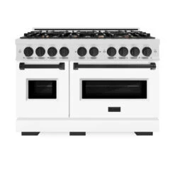 ZLINE Autograph Edition 48 In. 6.7 Cu. Ft. Classic Double Oven Gas Range With 8 Burner Cooktop In Satin Stainless Steel With White Matte Doors And Matte Black Accents (CGRSZ-WM-48-MB)(Zline Autograph Edition 48 Classic Gas Range Satin Stainless Steel White Matte Matte Black Cgrsz Wm 48 Mb) -Induction Cooktop Store zline classic satin stainless steel gas range autograph edition matte black CGRSZ WM 48 MB front
