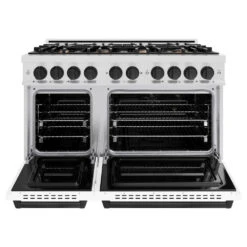 ZLINE Autograph Edition 48 In. 6.7 Cu. Ft. Classic Double Oven Gas Range With 8 Burner Cooktop In Satin Stainless Steel With White Matte Doors And Matte Black Accents (CGRSZ-WM-48-MB)(Zline Autograph Edition 48 Classic Gas Range Satin Stainless Steel White Matte Matte Black Cgrsz Wm 48 Mb) -Induction Cooktop Store zline classic satin stainless steel gas range autograph edition matte black CGRSZ WM 48 MB front open