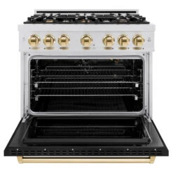 ZLINE Autograph Edition 36 In. 5.2 Cu. Ft. Classic Gas Range With 6 Burner Cooktop And Convection Gas Oven In Satin Stainless Steel With Black Matte Door And Polished Gold Accents (CGRSZ-BLM-36-G)(Zline Autograph Edition 36 Classic Gas Range Satin Stainless Steel Black Matte Polished Gold Cgrsz Blm 36 G) -Induction Cooktop Store zline classic satin stainless steel gas range autograph edition polished gold CGRSZ BLM 36 G front open