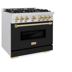 ZLINE Autograph Edition 36 In. 5.2 Cu. Ft. Classic Gas Range With 6 Burner Cooktop And Convection Gas Oven In Satin Stainless Steel With Black Matte Door And Polished Gold Accents (CGRSZ-BLM-36-G)(Zline Autograph Edition 36 Classic Gas Range Satin Stainless Steel Black Matte Polished Gold Cgrsz Blm 36 G) -Induction Cooktop Store zline classic satin stainless steel gas range autograph edition polished gold CGRSZ BLM 36 G main