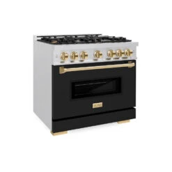 ZLINE Autograph Edition 36 In. 5.2 Cu. Ft. Classic Gas Range With 6 Burner Cooktop And Convection Gas Oven In Satin Stainless Steel With Black Matte Door And Polished Gold Accents (CGRSZ-BLM-36-G)(Zline Autograph Edition 36 Classic Gas Range Satin Stainless Steel Black Matte Polished Gold Cgrsz Blm 36 G)