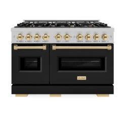 ZLINE Autograph Edition 48 In. 6.7 Cu. Ft. Classic Double Oven Gas Range With 8 Burner Cooktop In Satin Stainless Steel With Black Matte Doors And Polished Gold Accents (CGRSZ-BLM-48-G)(Zline Autograph Edition 48 Classic Gas Range Satin Stainless Steel Black Matte Polished Gold Cgrsz Blm 48 G) -Induction Cooktop Store zline classic satin stainless steel gas range autograph edition polished gold CGRSZ BLM 48 G front
