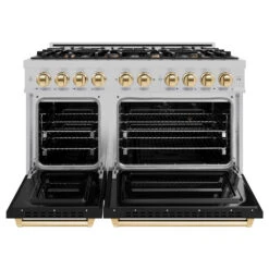 ZLINE Autograph Edition 48 In. 6.7 Cu. Ft. Classic Double Oven Gas Range With 8 Burner Cooktop In Satin Stainless Steel With Black Matte Doors And Polished Gold Accents (CGRSZ-BLM-48-G)(Zline Autograph Edition 48 Classic Gas Range Satin Stainless Steel Black Matte Polished Gold Cgrsz Blm 48 G) -Induction Cooktop Store zline classic satin stainless steel gas range autograph edition polished gold CGRSZ BLM 48 G front open
