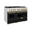 ZLINE Autograph Edition 48 In. 6.7 Cu. Ft. Classic Double Oven Gas Range With 8 Burner Cooktop In Satin Stainless Steel With Black Matte Doors And Polished Gold Accents (CGRSZ-BLM-48-G)(Zline Autograph Edition 48 Classic Gas Range Satin Stainless Steel Black Matte Polished Gold Cgrsz Blm 48 G)