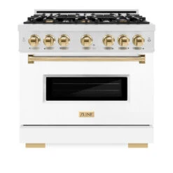 ZLINE Autograph Edition 36 In. 5.2 Cu. Ft. Classic Gas Range With 6 Burner Cooktop And Convection Gas Oven In Satin Stainless Steel With White Matte Door And Polished Gold Accents (CGRSZ-WM-36-G)(Zline Autograph Edition 36 Classic Gas Range Satin Stainless Steel White Matte Polished Gold Cgrsz Wm 36 G) -Induction Cooktop Store zline classic satin stainless steel gas range autograph edition polished gold CGRSZ WM 36 G front