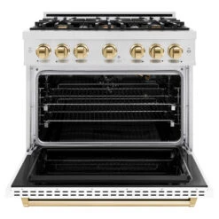 ZLINE Autograph Edition 36 In. 5.2 Cu. Ft. Classic Gas Range With 6 Burner Cooktop And Convection Gas Oven In Satin Stainless Steel With White Matte Door And Polished Gold Accents (CGRSZ-WM-36-G)(Zline Autograph Edition 36 Classic Gas Range Satin Stainless Steel White Matte Polished Gold Cgrsz Wm 36 G) -Induction Cooktop Store zline classic satin stainless steel gas range autograph edition polished gold CGRSZ WM 36 G front open