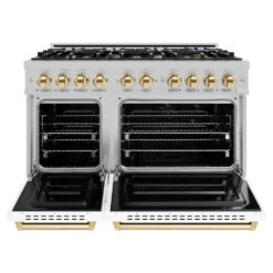 ZLINE Autograph Edition 48 In. 6.7 Cu. Ft. Classic Double Oven Gas Range With 8 Burner Cooktop In Satin Stainless Steel With White Matte Doors And Polished Gold Accents (CGRSZ-WM-48-G)(Zline Autograph Edition 48 Classic Gas Range Satin Stainless Steel White Matte Polished Gold Cgrsz Wm 48 G) -Induction Cooktop Store zline classic satin stainless steel gas range autograph edition polished gold CGRSZ WM 48 G front open