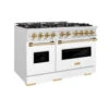 ZLINE Autograph Edition 48 In. 6.7 Cu. Ft. Classic Double Oven Gas Range With 8 Burner Cooktop In Satin Stainless Steel With White Matte Doors And Polished Gold Accents (CGRSZ-WM-48-G)(Zline Autograph Edition 48 Classic Gas Range Satin Stainless Steel White Matte Polished Gold Cgrsz Wm 48 G)