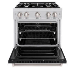 ZLINE 30 In. 4.2 Cu. Ft. Classic Gas Range With 4 Burner Cooktop And Convection Gas Oven In Stainless Steel With Black Matte Door (CGR-BLM-30)(Zline 30 Classic Gas Range Stainless Steel Black Matte Cgr Blm 30) -Induction Cooktop Store zline classic stainless steel black matte door gas range CGR BLM 30 front open