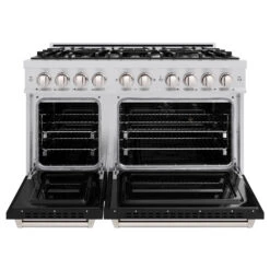ZLINE 48 In. 6.7 Cu. Ft. Classic Double Oven Gas Range With 8 Burner Cooktop In Stainless Steel With Black Matte Doors (CGR-BLM-48)(Zline 48 Classic Gas Range Stainless Steel Black Matte Cgr Blm 48) -Induction Cooktop Store zline classic stainless steel black matte gas range CGR BLM 48 front open