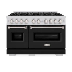 ZLINE 48 In. 6.7 Cu. Ft. Classic Double Oven Dual Fuel Range With 8 Burner Gas Cooktop In Stainless Steel With Black Matte Doors (CDR-BLM-48)(Zline 48 Classic Dual Fuel Range Stainless Steel Black Matte Cdr Blm 48) -Induction Cooktop Store zline classic stainless steel dual fuel black matte range CDR BLM 48 front
