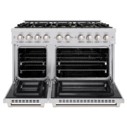 ZLINE 48 In. 6.7 Cu. Ft. Select Double Oven Dual Fuel Range In Stainless Steel With 8 Brass Burners (HDR-BR-48)(Zline 48 Select Dual Fuel Range Stainless Steel Brass Burners Hdr Br 48) -Induction Cooktop Store zline classic stainless steel dual fuel range HDR BR 48 front open