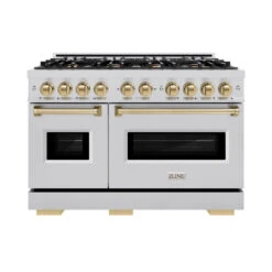 ZLINE Autograph Edition 48 In. 6.7 Cu. Ft. Classic Double Oven Dual Fuel Range With 8 Burner Gas Cooktop In Stainless Steel And Champagne Bronze Accents (CDRZ-48-CB)(Zline Autograph Edition 48 Classic Dual Fuel Range Stainless Steel Champagne Bronze Cdrz 48 Cb) -Induction Cooktop Store zline classic stainless steel dual fuel range autograph edition champagne bronze CDRZ 48 CB front hero