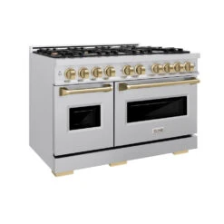 ZLINE Autograph Edition 48 In. 6.7 Cu. Ft. Classic Double Oven Dual Fuel Range With 8 Burner Gas Cooktop In Stainless Steel And Champagne Bronze Accents (CDRZ-48-CB)(Zline Autograph Edition 48 Classic Dual Fuel Range Stainless Steel Champagne Bronze Cdrz 48 Cb)