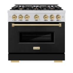 ZLINE Autograph Edition 36 In. 5.2 Cu. Ft. Classic Dual Fuel Range With 6 Burner Gas Cooktop And Electric Convection Oven In Stainless Steel With Black Matte Door And Champagne Bronze Accents (CDRZ-BLM-36-CB)(Zline Autograph Edition 36 Classic Dual Fuel Range Stainless Steel Black Matte Champagne Bronze Cdrz Blm 36 Cb) -Induction Cooktop Store zline classic stainless steel dual fuel range autograph edition champagne bronze CDRZ BLM 36 CB front