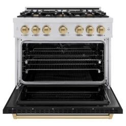 ZLINE Autograph Edition 36 In. 5.2 Cu. Ft. Classic Dual Fuel Range With 6 Burner Gas Cooktop And Electric Convection Oven In Stainless Steel With Black Matte Door And Champagne Bronze Accents (CDRZ-BLM-36-CB)(Zline Autograph Edition 36 Classic Dual Fuel Range Stainless Steel Black Matte Champagne Bronze Cdrz Blm 36 Cb) -Induction Cooktop Store zline classic stainless steel dual fuel range autograph edition champagne bronze CDRZ BLM 36 CB front open