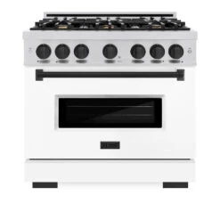 ZLINE Autograph Edition 36 In. 5.2 Cu. Ft. Classic Dual Fuel Range With 6 Burner Gas Cooktop And Electric Convection Oven In Stainless Steel With White Matte Door And Matte Black Accents (CDRZ-WM-36-MB)(Zline Autograph Edition 36 Classic Dual Fuel Range Stainless Steel White Matte Matte Black Cdrz Wm 36 Mb) -Induction Cooktop Store zline classic stainless steel dual fuel range autograph edition matte black CDRZ WM 36 MB front