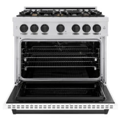 ZLINE Autograph Edition 36 In. 5.2 Cu. Ft. Classic Dual Fuel Range With 6 Burner Gas Cooktop And Electric Convection Oven In Stainless Steel With White Matte Door And Matte Black Accents (CDRZ-WM-36-MB)(Zline Autograph Edition 36 Classic Dual Fuel Range Stainless Steel White Matte Matte Black Cdrz Wm 36 Mb) -Induction Cooktop Store zline classic stainless steel dual fuel range autograph edition matte black CDRZ WM 36 MB front open