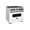 ZLINE Autograph Edition 36 In. 5.2 Cu. Ft. Classic Dual Fuel Range With 6 Burner Gas Cooktop And Electric Convection Oven In Stainless Steel With White Matte Door And Matte Black Accents (CDRZ-WM-36-MB)(Zline Autograph Edition 36 Classic Dual Fuel Range Stainless Steel White Matte Matte Black Cdrz Wm 36 Mb)
