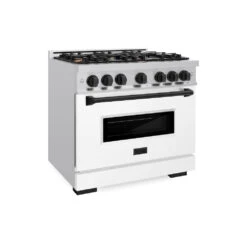 ZLINE Autograph Edition 36 In. 5.2 Cu. Ft. Classic Dual Fuel Range With 6 Burner Gas Cooktop And Electric Convection Oven In Stainless Steel With White Matte Door And Matte Black Accents (CDRZ-WM-36-MB)(Zline Autograph Edition 36 Classic Dual Fuel Range Stainless Steel White Matte Matte Black Cdrz Wm 36 Mb)