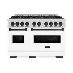 ZLINE Autograph Edition 48 In. 6.7 Cu. Ft. Classic Double Oven Dual Fuel Range With 8 Burner Gas Cooktop In Stainless Steel With White Matte Door And Matte Black Accents (CDRZ-WM-48-MB)(Zline Autograph Edition 48 Classic Dual Fuel Range Stainless Steel White Matte Matte Black Cdrz Wm 48 Mb) -Induction Cooktop Store zline classic stainless steel dual fuel range autograph edition matte black CDRZ WM 48 MB front hero