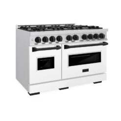 ZLINE Autograph Edition 48 In. 6.7 Cu. Ft. Classic Double Oven Dual Fuel Range With 8 Burner Gas Cooktop In Stainless Steel With White Matte Door And Matte Black Accents (CDRZ-WM-48-MB)(Zline Autograph Edition 48 Classic Dual Fuel Range Stainless Steel White Matte Matte Black Cdrz Wm 48 Mb)