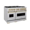 ZLINE Autograph Edition 48 In. 6.7 Cu. Ft. Classic Double Oven Dual Fuel Range With 8 Burner Gas Cooktop In Stainless Steel And Polished Gold Accents (CDRZ-48-G)(Zline Autograph Edition 48 Classic Dual Fuel Range Stainless Steel Polished Gold Cdrz 48 G)