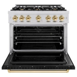 ZLINE Autograph Edition 36 In. 5.2 Cu. Ft. Classic Dual Fuel Range With 6 Burner Gas Cooktop And Electric Convection Oven In Stainless Steel With Black Matte Door And Polished Gold Accents (CDRZ-BLM-36-G)(Zline Autograph Edition 36 Classic Dual Fuel Range Stainless Steel Black Matte Polished Gold Cdrz Blm 36 G) -Induction Cooktop Store zline classic stainless steel dual fuel range autograph edition polished gold CDRZ BLM 36 G front open