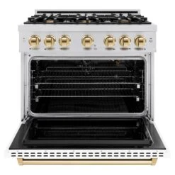ZLINE Autograph Edition 36 In. 5.2 Cu. Ft. Classic Gas Range With 6 Burner Cooktop And Convection Gas Oven In Stainless Steel With White Matte Door And Polished Gold Accents (CGRZ-WM-36-G)(Zline Autograph Edition 36 Classic Gas Range Stainless Steel White Matte Polished Gold Cgrz Wm 36 G) -Induction Cooktop Store zline classic stainless steel dual fuel white matte gas range CGR WM 36 front open