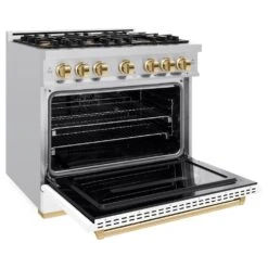 ZLINE Autograph Edition 36 In. 5.2 Cu. Ft. Classic Gas Range With 6 Burner Cooktop And Convection Gas Oven In Stainless Steel With White Matte Door And Polished Gold Accents (CGRZ-WM-36-G)(Zline Autograph Edition 36 Classic Gas Range Stainless Steel White Matte Polished Gold Cgrz Wm 36 G) -Induction Cooktop Store zline classic stainless steel dual fuel white matte gas range CGR WM 36 main open