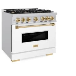 ZLINE Autograph Edition 36 In. 5.2 Cu. Ft. Classic Gas Range With 6 Burner Cooktop And Convection Gas Oven In Stainless Steel With White Matte Door And Polished Gold Accents (CGRZ-WM-36-G)(Zline Autograph Edition 36 Classic Gas Range Stainless Steel White Matte Polished Gold Cgrz Wm 36 G) -Induction Cooktop Store zline classic stainless steel dual fuel white matte range CDR WM 36 main 846cf654 bdef 4354 bd50 52f6e912a1fe