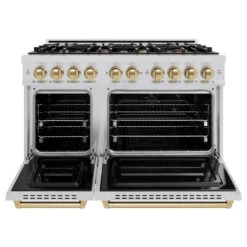 ZLINE Autograph Edition 48 In. 6.7 Cu. Ft. Classic Double Oven Gas Range With 8 Burner Cooktop In Stainless Steel And Champagne Bronze Accents (CGRZ-48-CB)(Zline Autograph Edition 48 Classic Gas Range Stainless Steel Champagne Bronze Cgrz 48 Cb) 14 ZLINE Autograph Edition 48 In. 6.7 Cu. Ft. Classic Double Oven Gas Range With 8 Burner Cooktop In Stainless Steel And Champagne Bronze Accents (CGRZ-48-CB)(Zline Autograph Edition 48 Classic Gas Range Stainless Steel Champagne Bronze Cgrz 48 Cb) -Induction Cooktop Store zline classic stainless steel gas range autograph edition champagne bronze CGRZ 48 CB front open