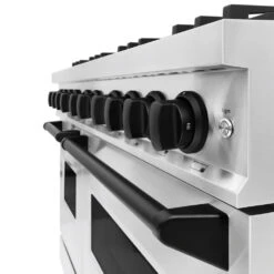 ZLINE Autograph Edition 48 In. 6.7 Cu. Ft. Classic Double Oven Gas Range With 8 Burner Cooktop In Stainless Steel And Matte Black Accents (CGRZ-48-MB)(Zline Autograph Edition 48 Classic Gas Range Stainless Steel Matte Black Cgrz 48 Mb) -Induction Cooktop Store zline classic stainless steel gas range autograph edition matte black CGRZ 48 MB knobs handle detail