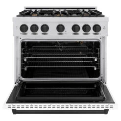 ZLINE Autograph Edition 36 In. 5.2 Cu. Ft. Classic Gas Range With 6 Burner Cooktop And Convection Gas Oven In Stainless Steel With White Matte Door And Matte Black Accents (CGRZ-WM-36-MB)(Zline Autograph Edition 36 Classic Gas Range Stainless Steel White Matte Matte Black Cgrz Wm 36 Mb) 16 ZLINE Autograph Edition 36 In. 5.2 Cu. Ft. Classic Gas Range With 6 Burner Cooktop And Convection Gas Oven In Stainless Steel With White Matte Door And Matte Black Accents (CGRZ-WM-36-MB)(Zline Autograph Edition 36 Classic Gas Range Stainless Steel White Matte Matte Black Cgrz Wm 36 Mb) -Induction Cooktop Store zline classic stainless steel gas range autograph edition matte black CGRZ WM 36 MB front open