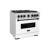 ZLINE Autograph Edition 36 In. 5.2 Cu. Ft. Classic Gas Range With 6 Burner Cooktop And Convection Gas Oven In Stainless Steel With White Matte Door And Matte Black Accents (CGRZ-WM-36-MB)(Zline Autograph Edition 36 Classic Gas Range Stainless Steel White Matte Matte Black Cgrz Wm 36 Mb)