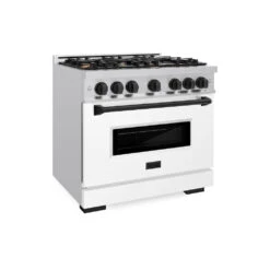 ZLINE Autograph Edition 36 In. 5.2 Cu. Ft. Classic Gas Range With 6 Burner Cooktop And Convection Gas Oven In Stainless Steel With White Matte Door And Matte Black Accents (CGRZ-WM-36-MB)(Zline Autograph Edition 36 Classic Gas Range Stainless Steel White Matte Matte Black Cgrz Wm 36 Mb)