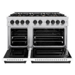 ZLINE Autograph Edition 48 In. 6.7 Cu. Ft. Classic Double Oven Gas Range With 8 Burner Cooktop In Stainless Steel With White Matte Doors And Matte Black Accents (CGRZ-WM-48-MB)(Zline Autograph Edition 48 Classic Gas Range Stainless Steel White Matte Matte Black Cgrz Wm 48 Mb) 15 ZLINE Autograph Edition 48 In. 6.7 Cu. Ft. Classic Double Oven Gas Range With 8 Burner Cooktop In Stainless Steel With White Matte Doors And Matte Black Accents (CGRZ-WM-48-MB)(Zline Autograph Edition 48 Classic Gas Range Stainless Steel White Matte Matte Black Cgrz Wm 48 Mb) -Induction Cooktop Store zline classic stainless steel gas range autograph edition matte black CGRZ WM 48 MB front open