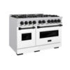 ZLINE Autograph Edition 48 In. 6.7 Cu. Ft. Classic Double Oven Gas Range With 8 Burner Cooktop In Stainless Steel With White Matte Doors And Matte Black Accents (CGRZ-WM-48-MB)(Zline Autograph Edition 48 Classic Gas Range Stainless Steel White Matte Matte Black Cgrz Wm 48 Mb)