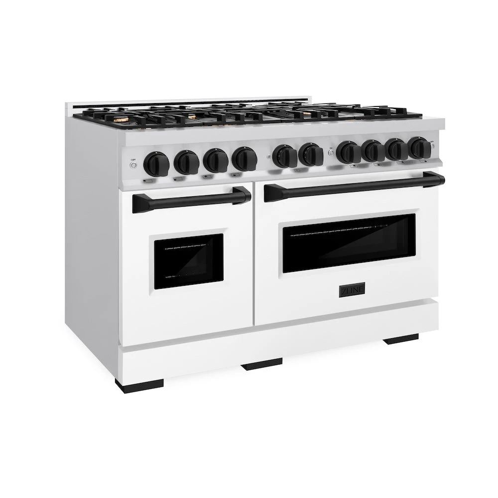 ZLINE Autograph Edition 48 In. 6.7 Cu. Ft. Classic Double Oven Gas Range With 8 Burner Cooktop In Stainless Steel With White Matte Doors And Matte Black Accents (CGRZ-WM-48-MB)(Zline Autograph Edition 48 Classic Gas Range Stainless Steel White Matte Matte Black Cgrz Wm 48 Mb) 1 ZLINE Autograph Edition 48 In. 6.7 Cu. Ft. Classic Double Oven Gas Range With 8 Burner Cooktop In Stainless Steel With White Matte Doors And Matte Black Accents (CGRZ-WM-48-MB)(Zline Autograph Edition 48 Classic Gas Range Stainless Steel White Matte Matte Black Cgrz Wm 48 Mb)