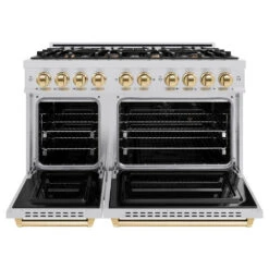 ZLINE Autograph Edition 48 In. 6.7 Cu. Ft. Classic Double Oven Gas Range With 8 Burner Cooktop In Stainless Steel And Polished Gold Accents (CGRZ-48-G)(Zline Autograph Edition 48 Classic Gas Range Stainless Steel Polished Gold Cgrz 48 G) -Induction Cooktop Store zline classic stainless steel gas range autograph edition polished gold CGRZ 48 G front open