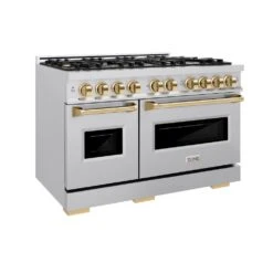 ZLINE Autograph Edition 48 In. 6.7 Cu. Ft. Classic Double Oven Gas Range With 8 Burner Cooktop In Stainless Steel And Polished Gold Accents (CGRZ-48-G)(Zline Autograph Edition 48 Classic Gas Range Stainless Steel Polished Gold Cgrz 48 G)