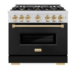 ZLINE Autograph Edition 36 In. 5.2 Cu. Ft. Classic Gas Range With 6 Burner Cooktop And Convection Gas Oven In Stainless Steel With Black Matte Door And Polished Gold Accents (CGRZ-BLM-36-G)(Zline Autograph Edition 36 Classic Gas Range Stainless Steel Black Matte Polished Gold Cgrz Blm 36 G) -Induction Cooktop Store zline classic stainless steel gas range autograph edition polished gold CGRZ BLM 36 G front